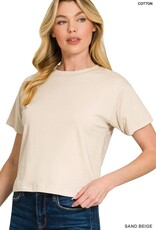 Miss Bliss Zen Cropped Cotton Crew Neck SS Top- Sand Beige