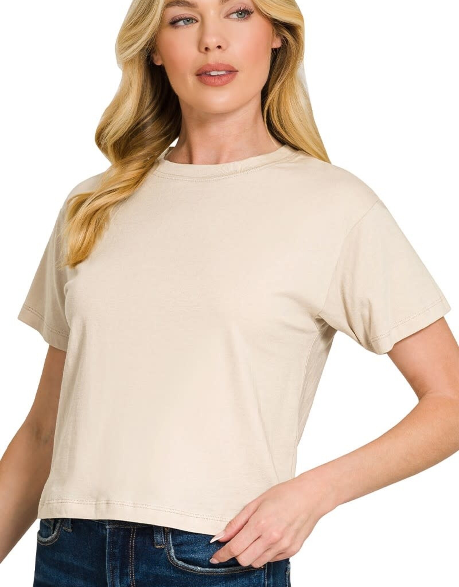 Miss Bliss Zen Cropped Cotton Crew Neck SS Top- Sand Beige