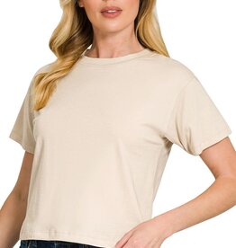 Miss Bliss Zen Cropped Cotton Crew Neck SS Top- Sand Beige