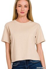 Miss Bliss Zen Cropped Cotton Crew Neck SS Top- Sand Beige