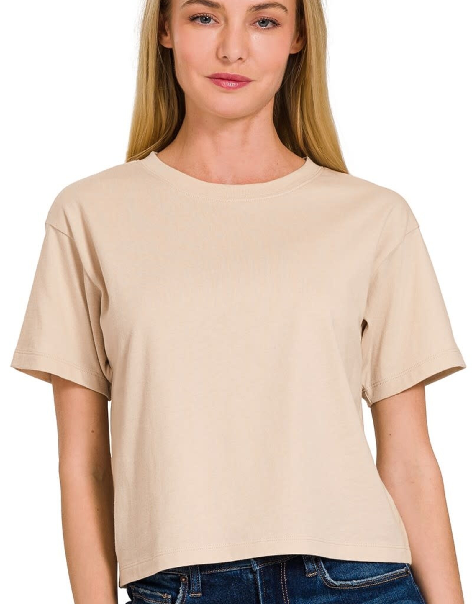 Miss Bliss Zen Cropped Cotton Crew Neck SS Top- Sand Beige