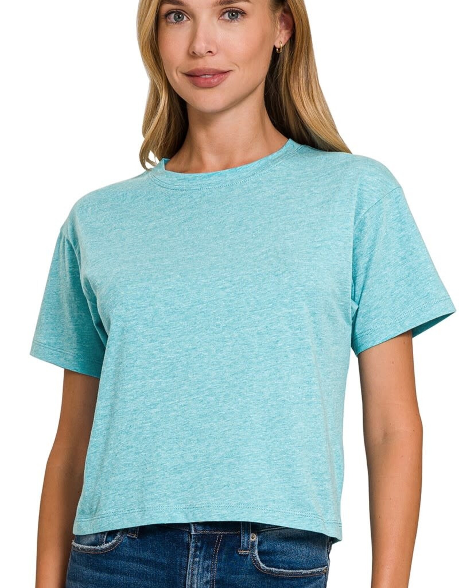 Miss Bliss Zen Cropped Cotton Crew Neck SS Top- H. Teal