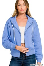 Miss Bliss Zen Fleece Cropped Zip-up Hoodie W Pockets- Cornflower Blue