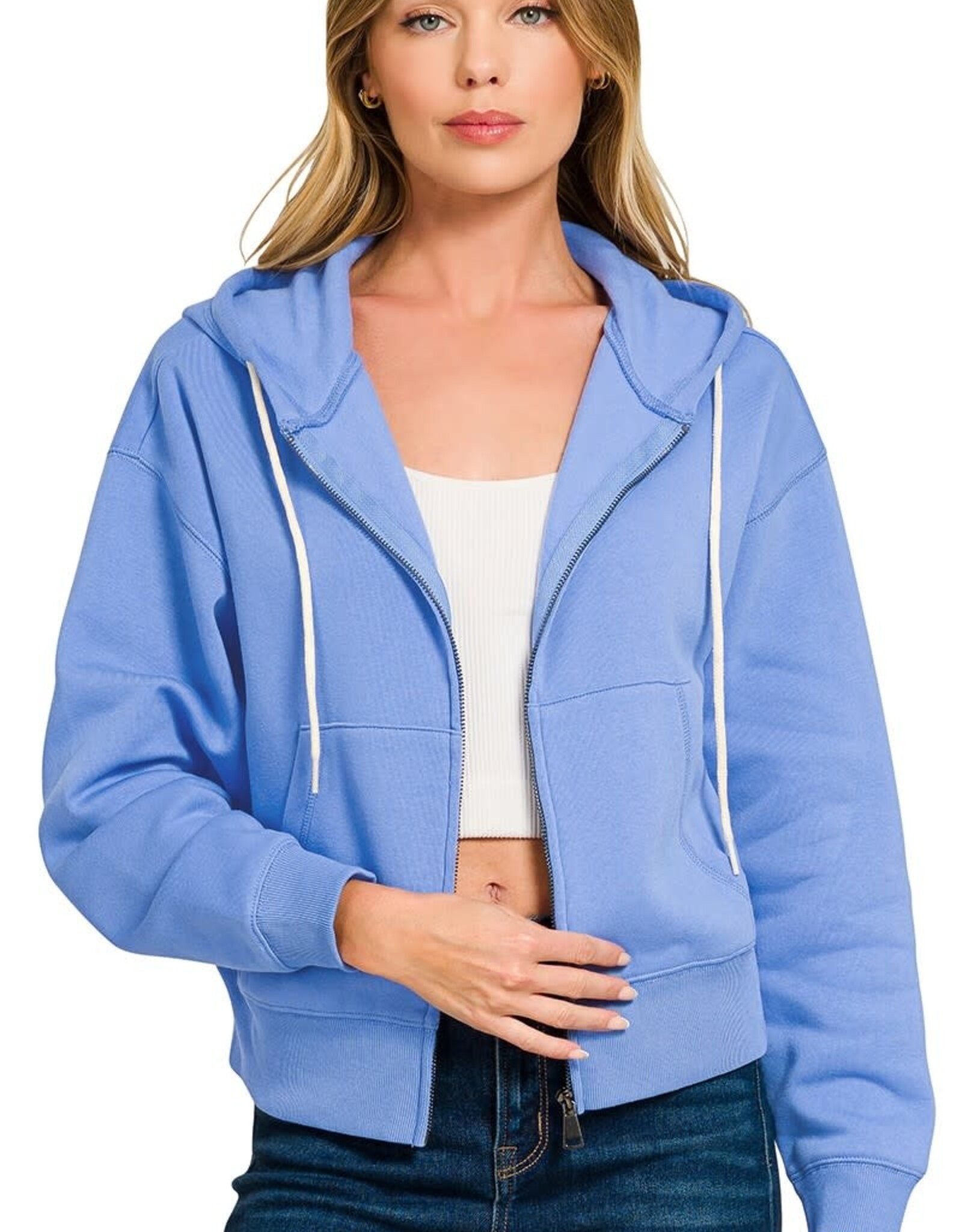 Miss Bliss Zen Fleece Cropped Zip-up Hoodie W Pockets- Cornflower Blue