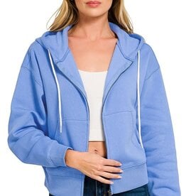 Miss Bliss Zen Fleece Cropped Zip-up Hoodie W Pockets- Cornflower Blue
