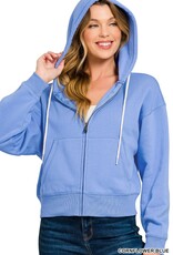 Miss Bliss Zen Fleece Cropped Zip-up Hoodie W Pockets- Cornflower Blue