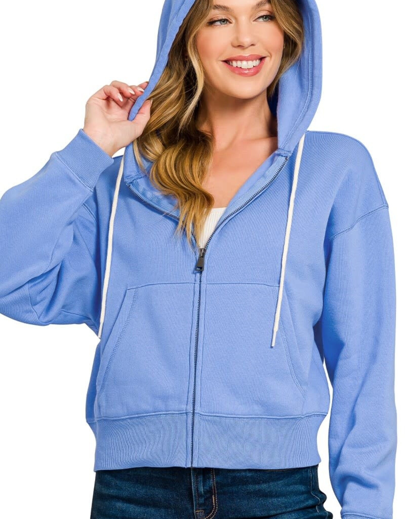 Miss Bliss Zen Fleece Cropped Zip-up Hoodie W Pockets- Cornflower Blue