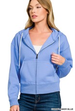 Miss Bliss Zen Fleece Cropped Zip-up Hoodie W Pockets- Cornflower Blue