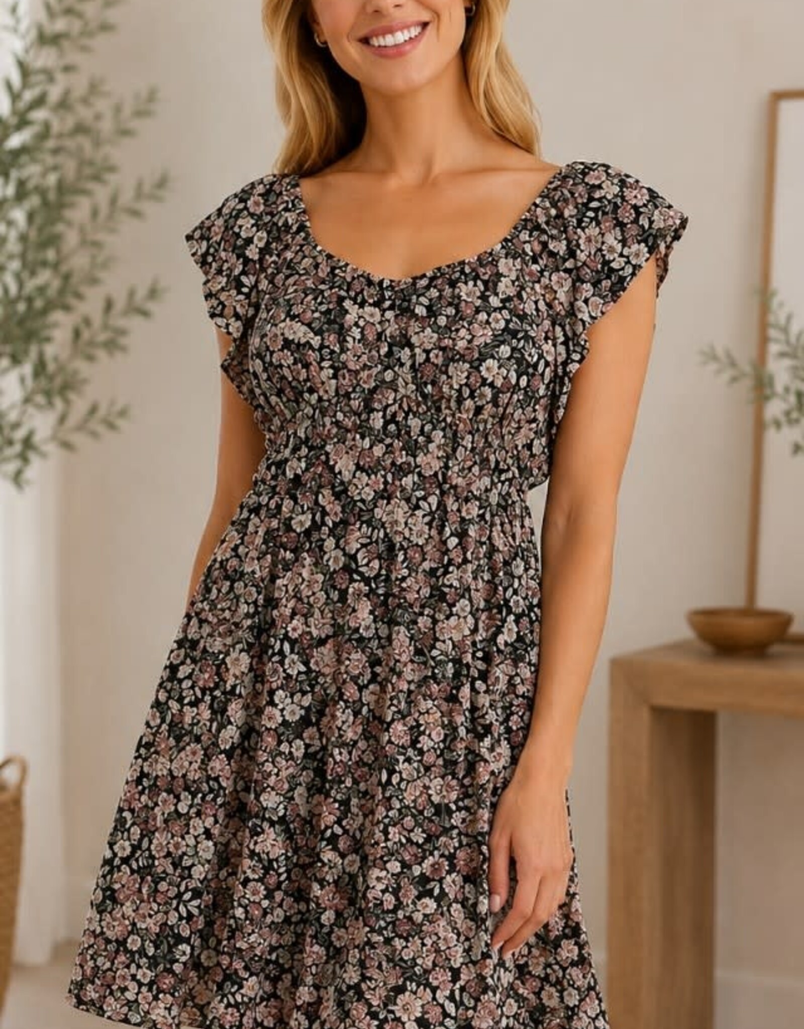 Miss Bliss CC Charming Floral U Neck Mini Dress-Navy/Mauve