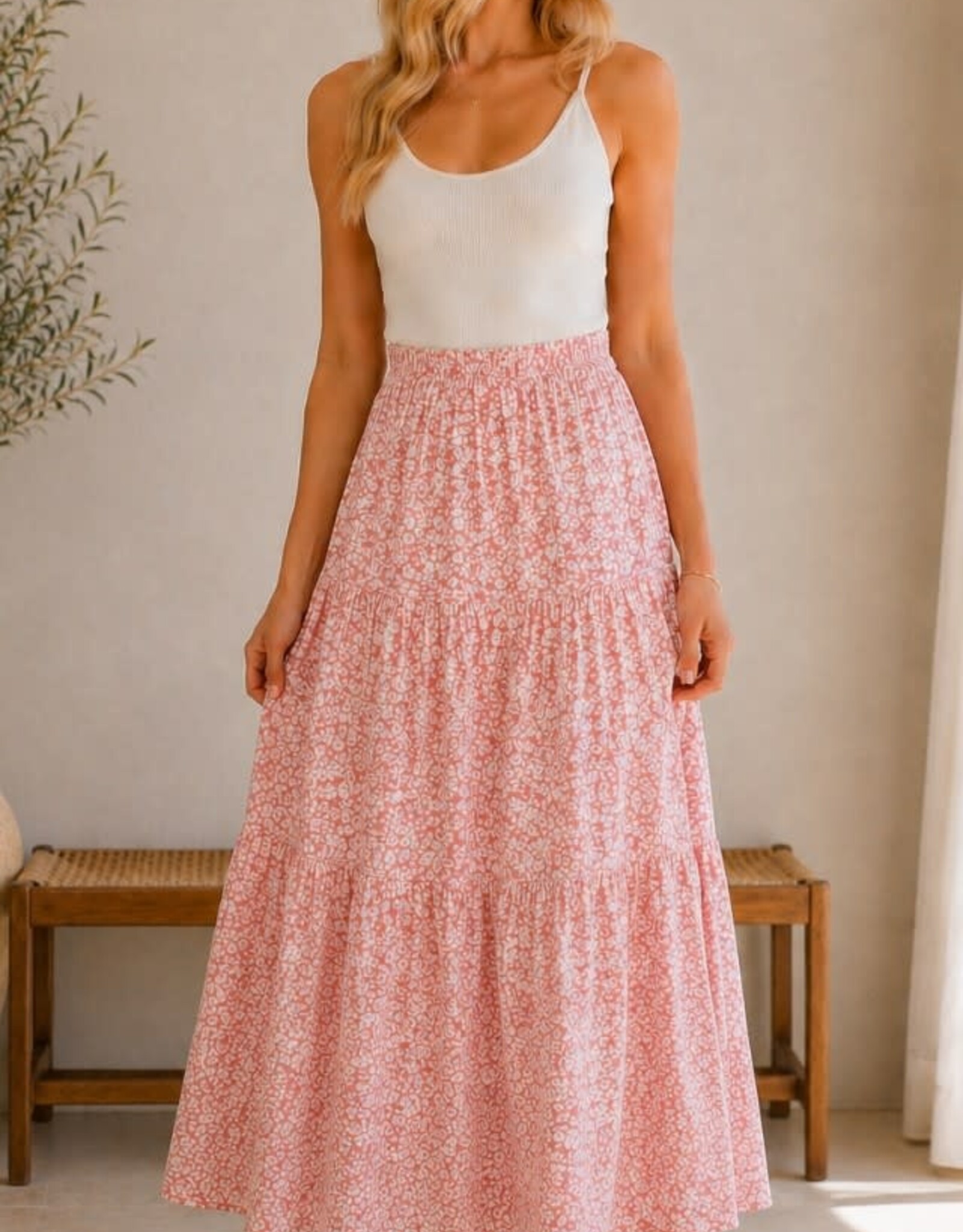 Miss Bliss CC Tiered Floral Maxi Skirt-Pink/Off White