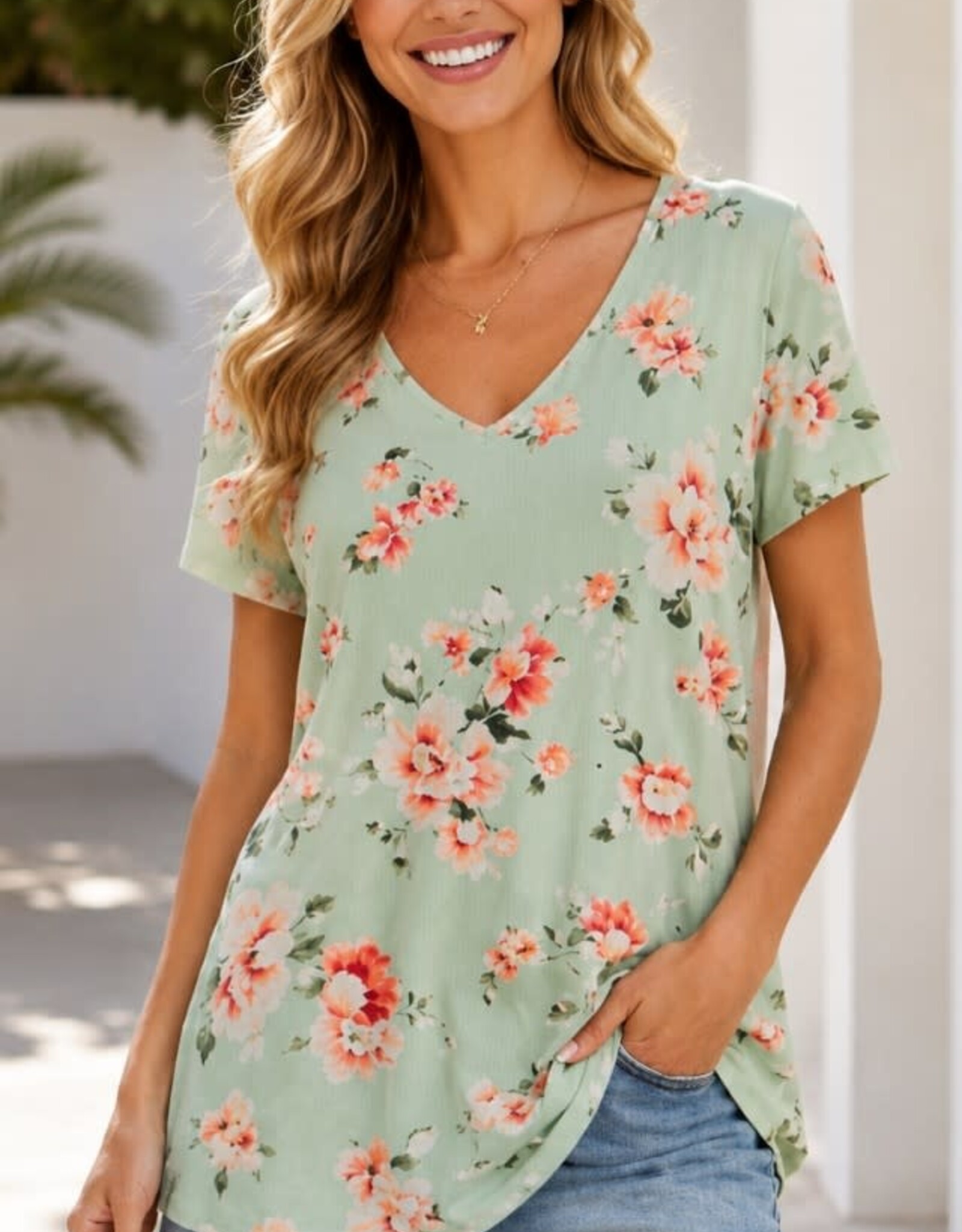 Miss Bliss CC Floral V Neck T Shirt-Mint/Multi