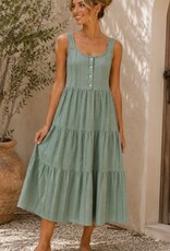 Miss Bliss CC Strap Button Ruffle Midi Dress-Sage