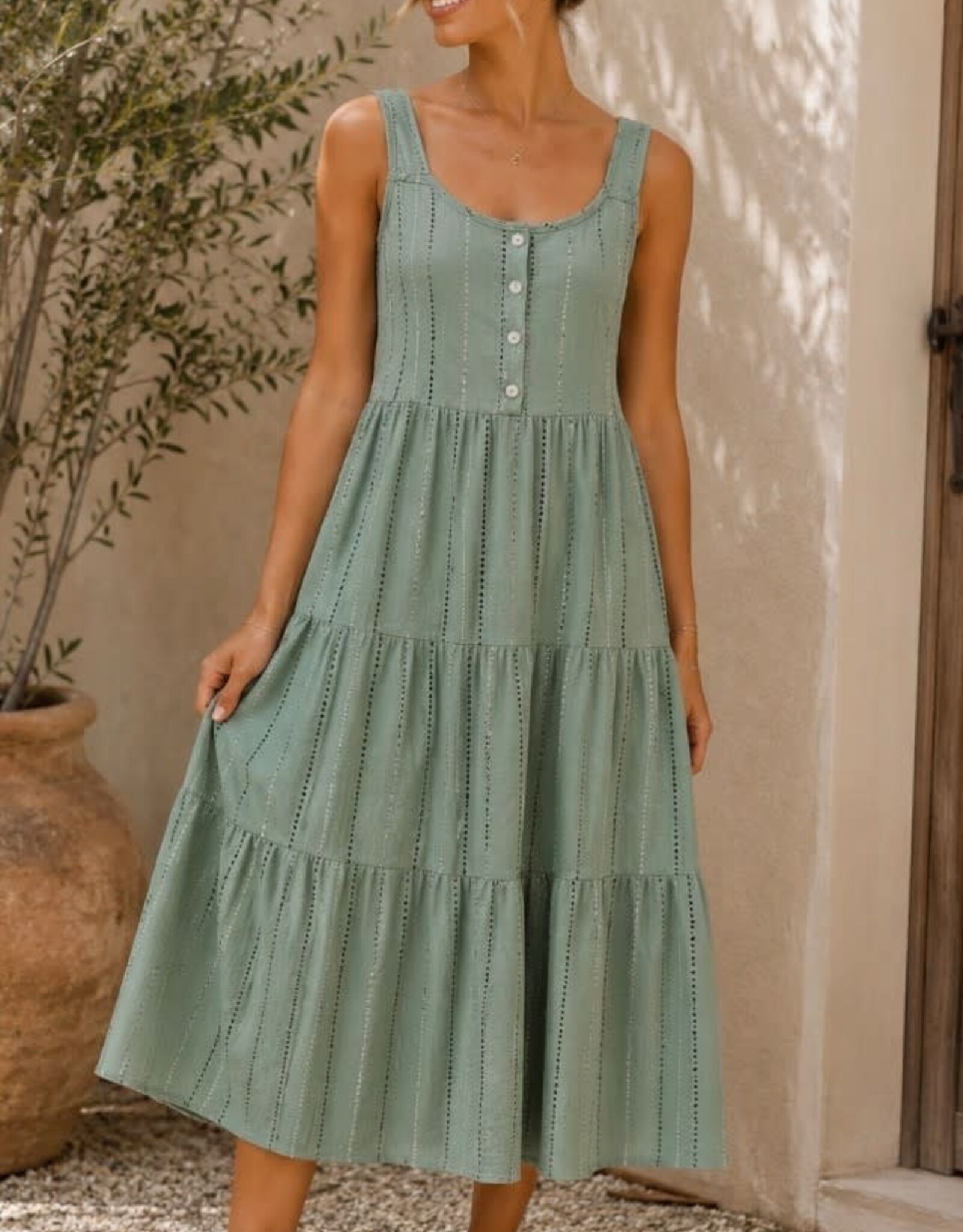 Miss Bliss CC Strap Button Ruffle Midi Dress-Sage