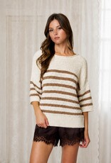 Miss Bliss Blu Stripe Textured Knit Half Slv Knit Sweater-Mocha