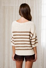 Miss Bliss Blu Stripe Textured Knit Half Slv Knit Sweater-Mocha