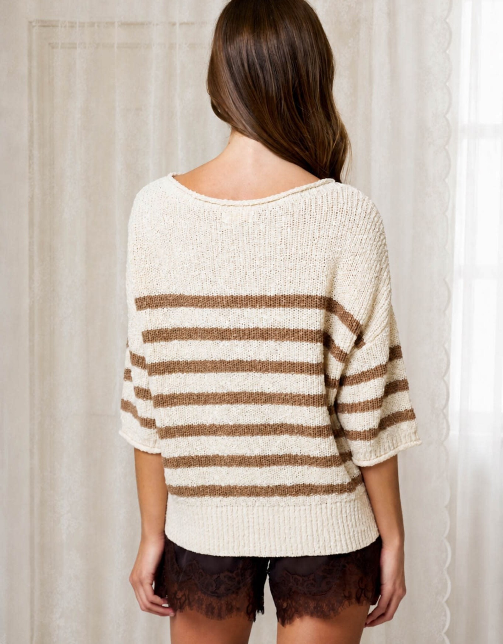 Miss Bliss Blu Stripe Textured Knit Half Slv Knit Sweater-Mocha