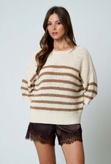Miss Bliss Blu Stripe Textured Knit Half Slv Knit Sweater-Mocha