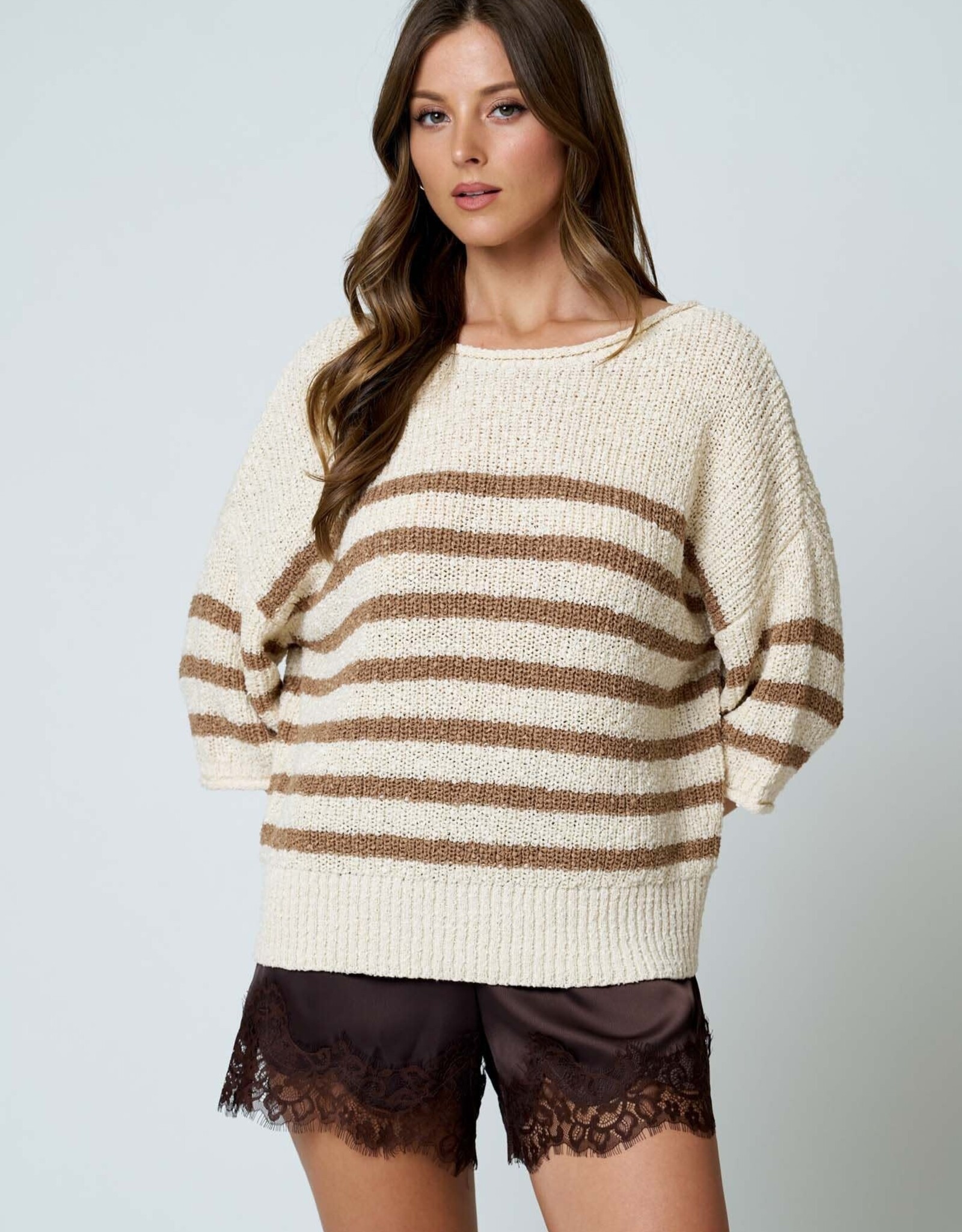 Miss Bliss Blu Stripe Textured Knit Half Slv Knit Sweater-Mocha