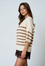 Miss Bliss Blu Stripe Textured Knit Half Slv Knit Sweater-Mocha