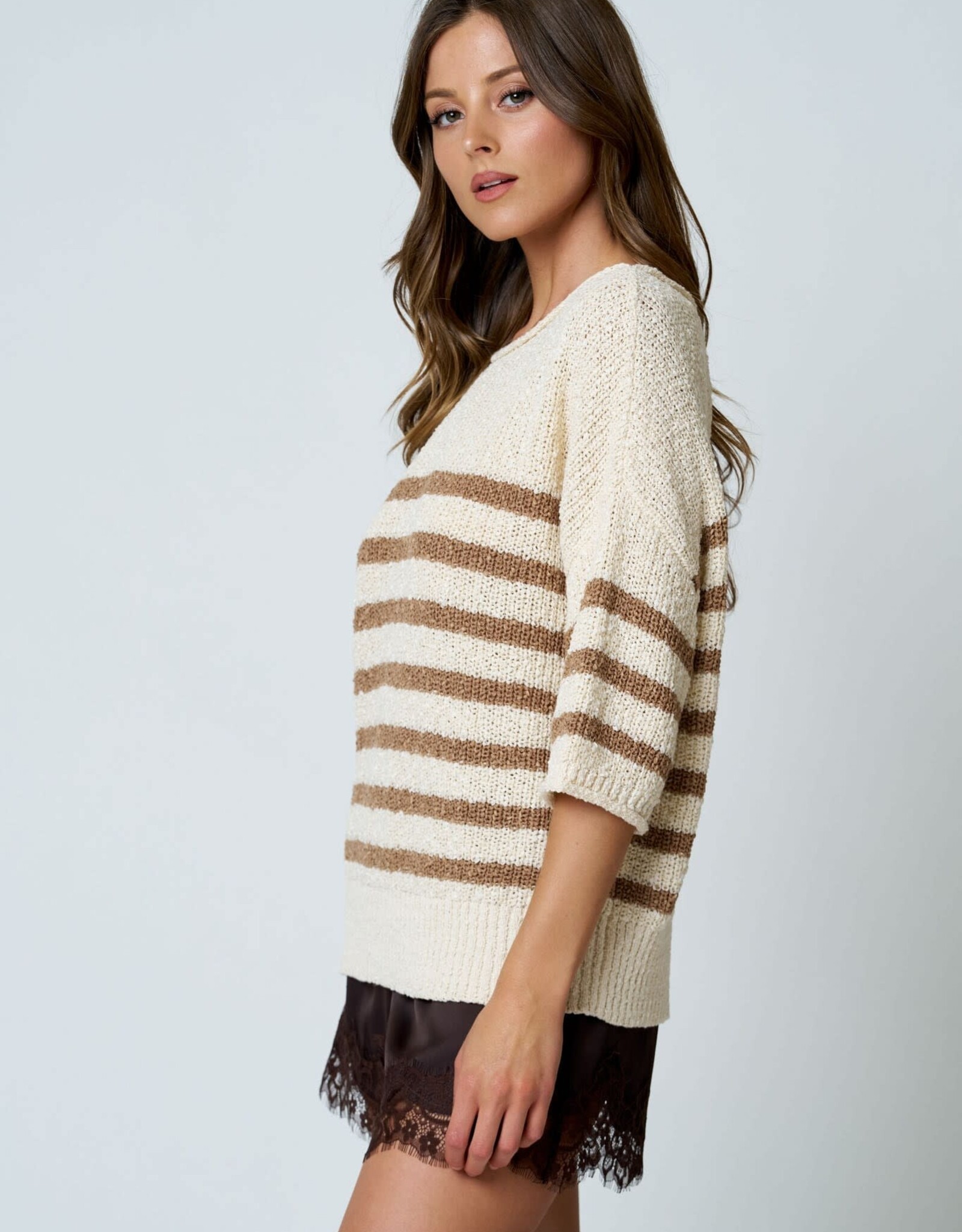 Miss Bliss Blu Stripe Textured Knit Half Slv Knit Sweater-Mocha