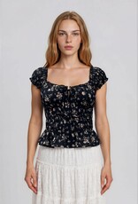 Miss Bliss Blu Floral Front Tie Shirred Waist Ruffled Top-Black