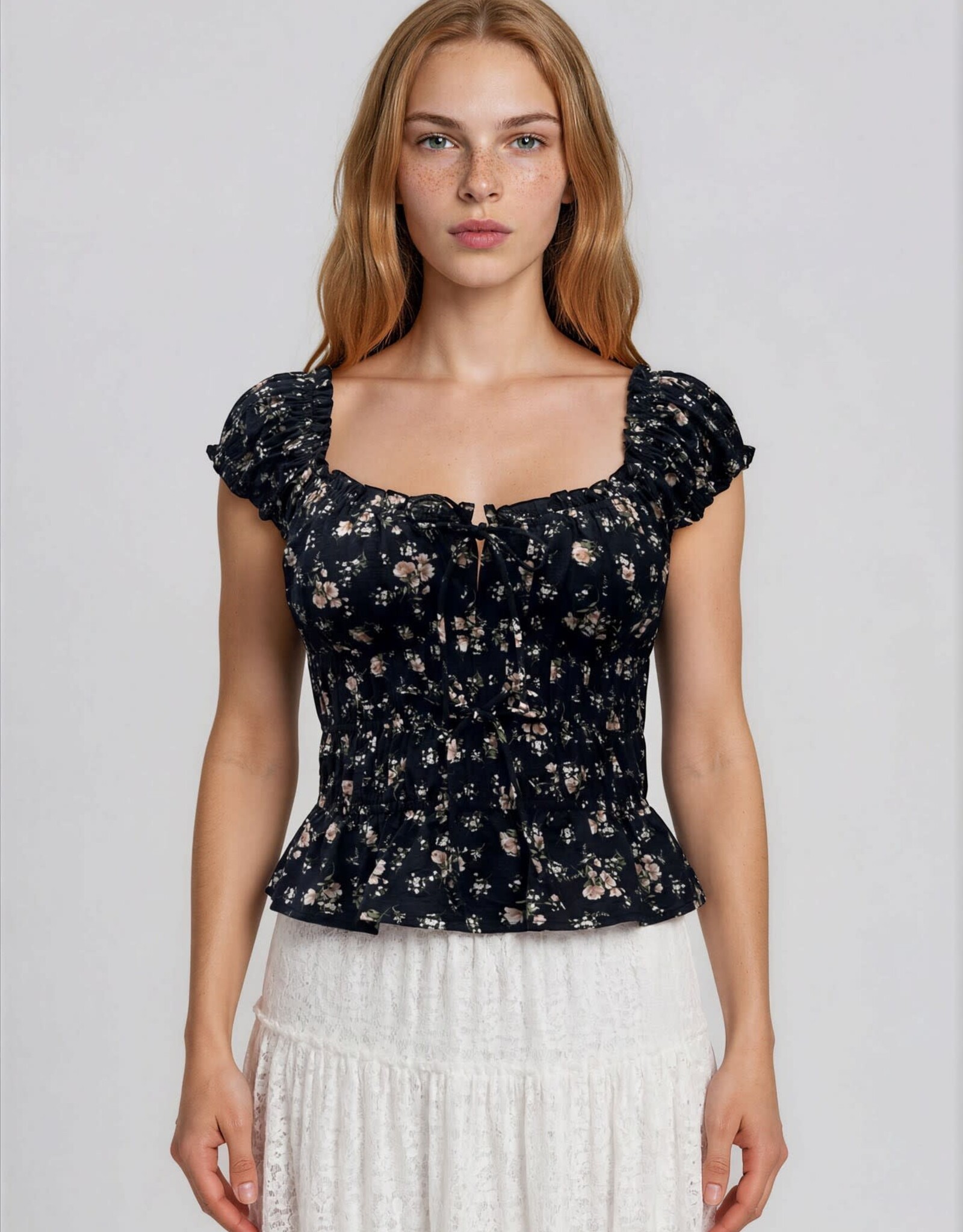Miss Bliss Blu Floral Front Tie Shirred Waist Ruffled Top-Black
