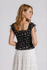 Miss Bliss Blu Floral Front Tie Shirred Waist Ruffled Top-Black