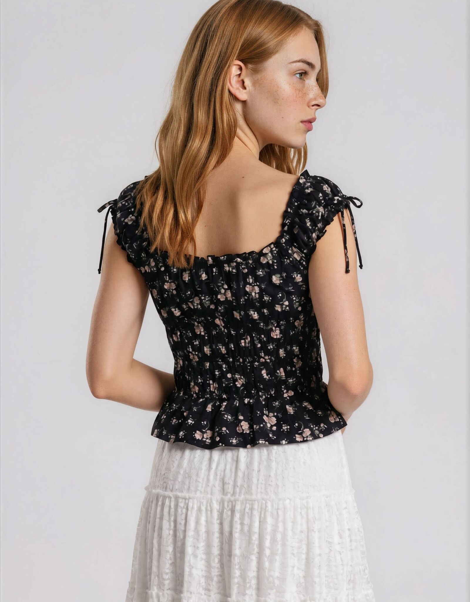 Miss Bliss Blu Floral Front Tie Shirred Waist Ruffled Top-Black