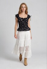 Miss Bliss Blu Floral Front Tie Shirred Waist Ruffled Top-Black