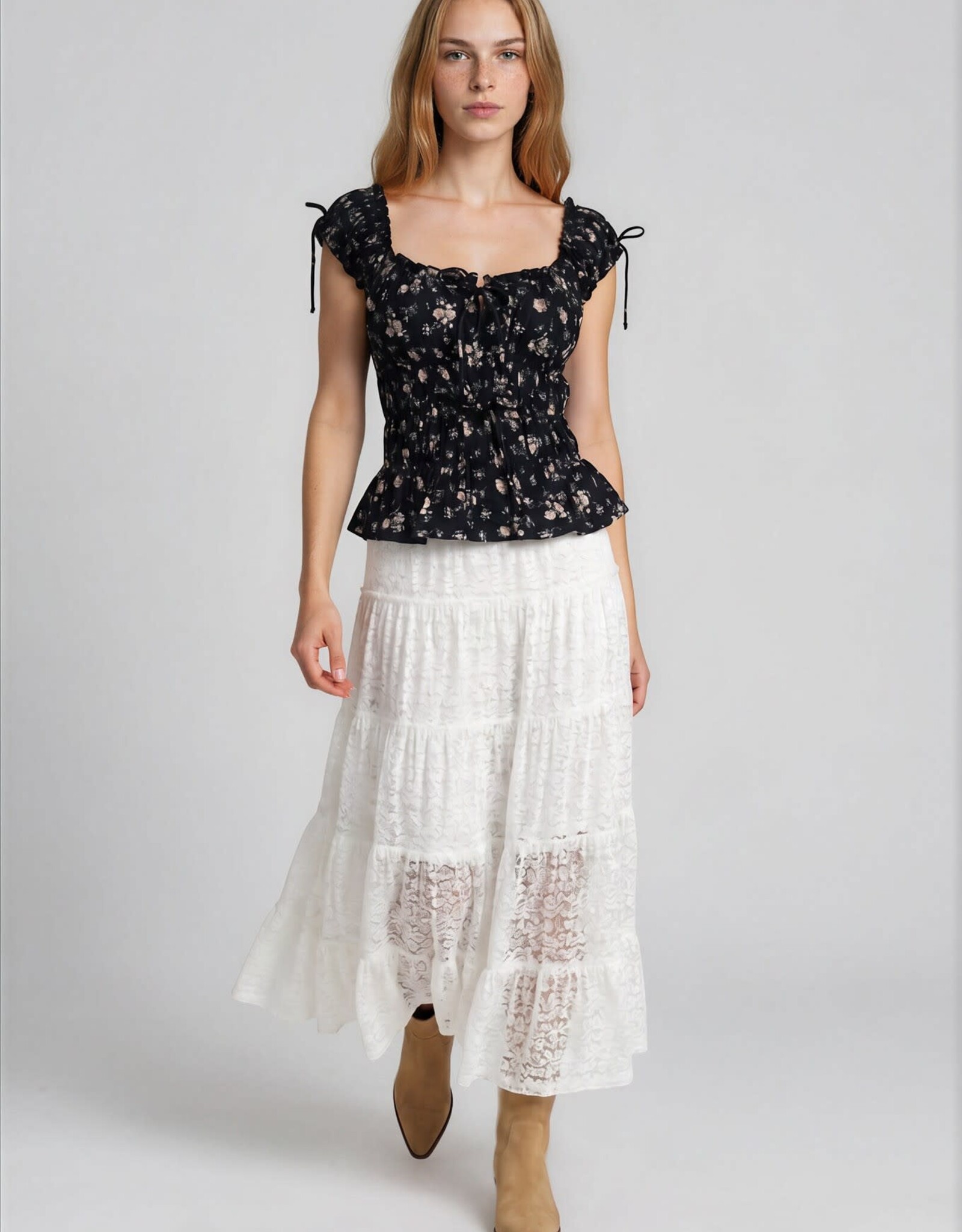 Miss Bliss Blu Floral Front Tie Shirred Waist Ruffled Top-Black