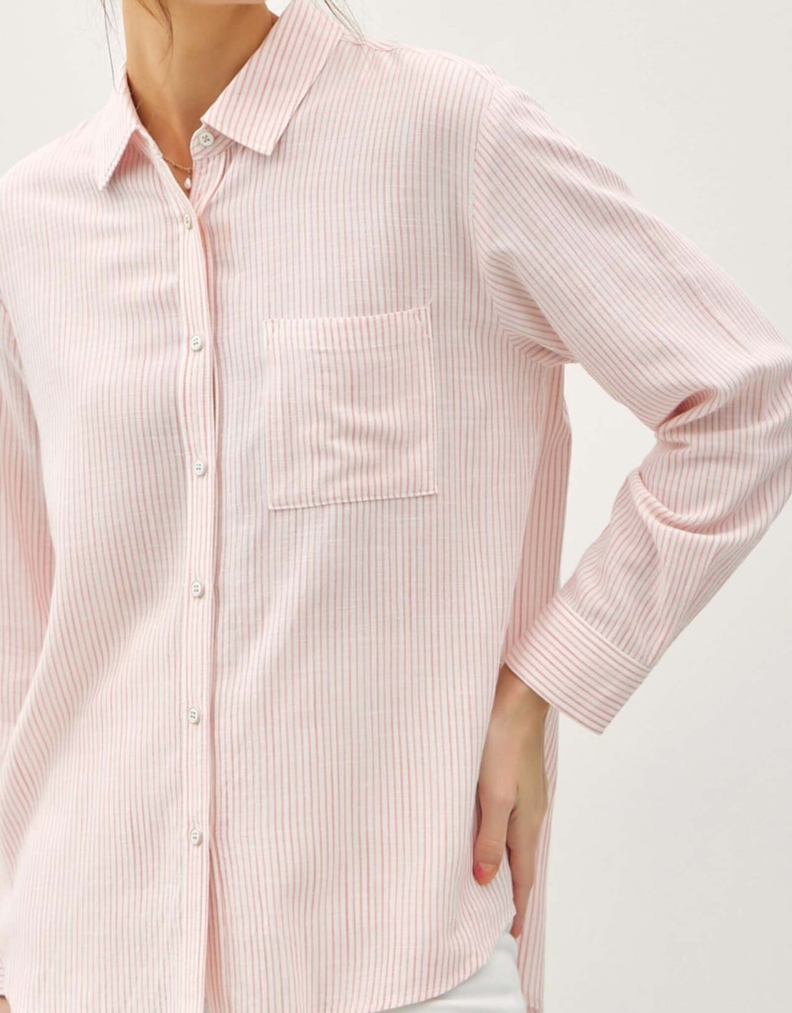 Miss Bliss BC Pinstripe Cotton Button Up Ls Top-Iv/Coral