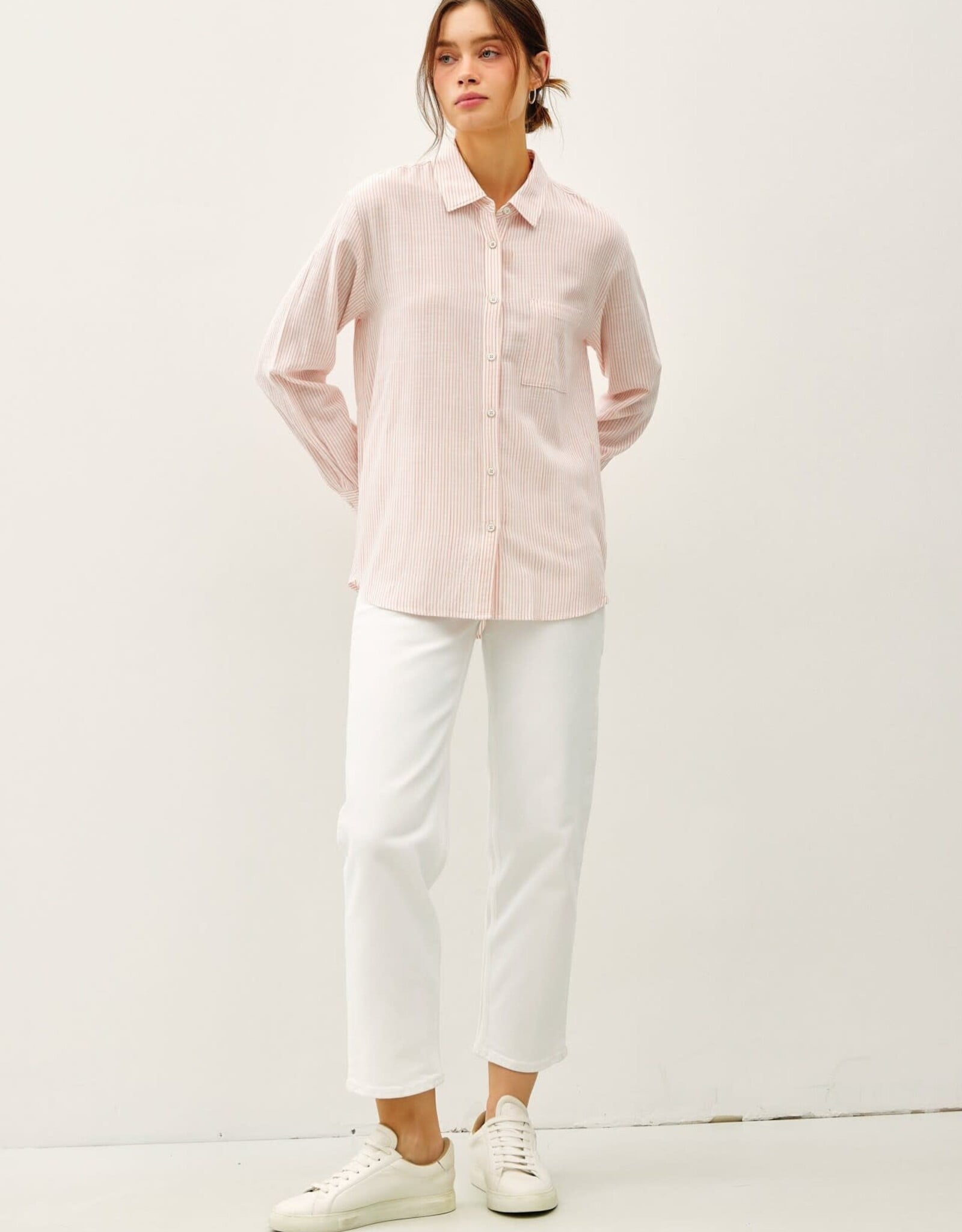 Miss Bliss BC Pinstripe Cotton Button Up Ls Top-Iv/Coral