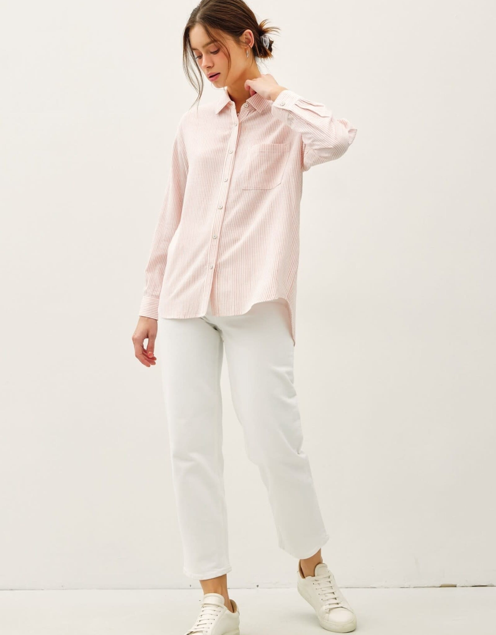 Miss Bliss BC Pinstripe Cotton Button Up Ls Top-Iv/Coral