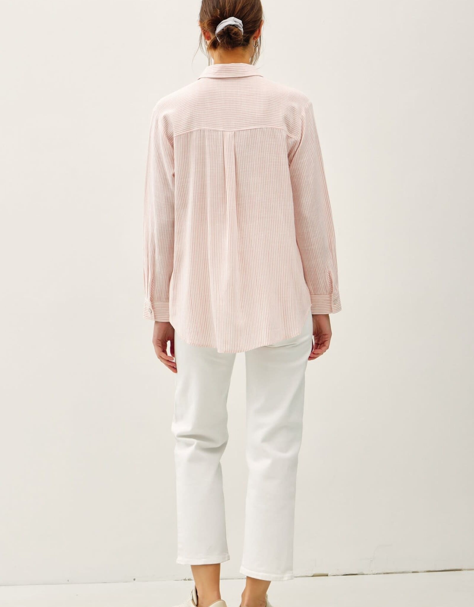 Miss Bliss BC Pinstripe Cotton Button Up Ls Top-Iv/Coral