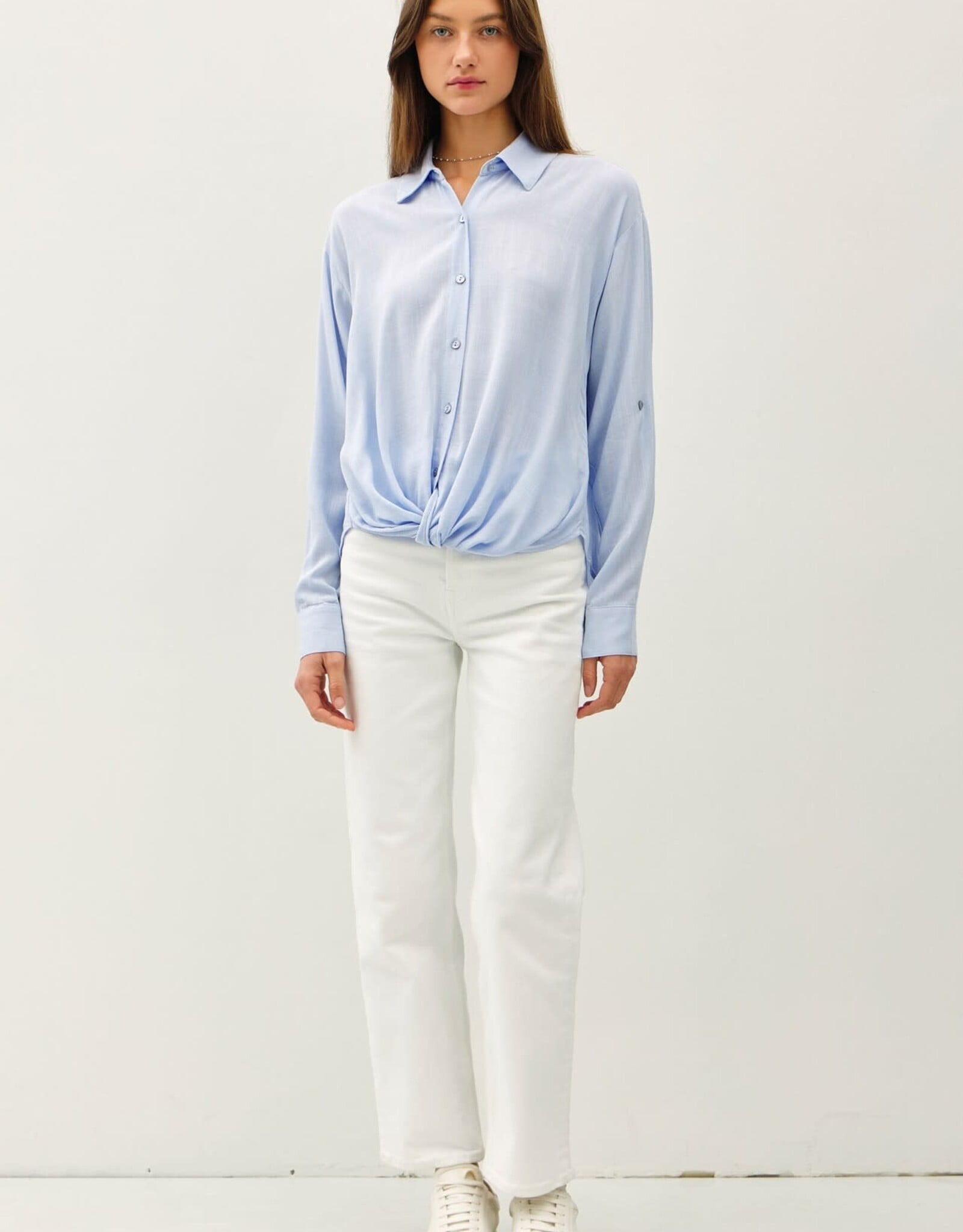 Miss Bliss BC Roll Up Sleeve Button Shirt-Light Blue