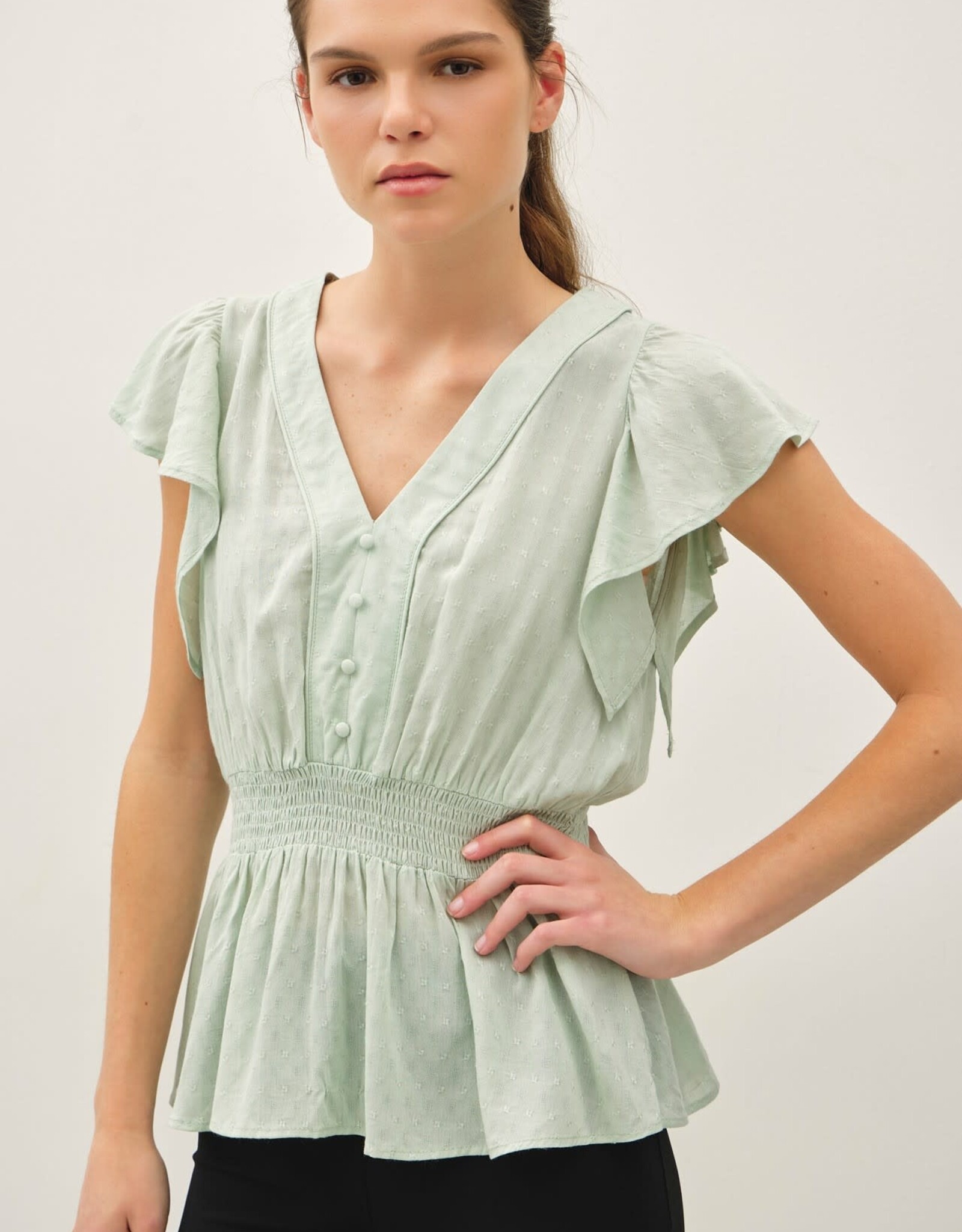 Miss Bliss BC Ruffle Slv Smocking Waist Baby Doll Top-Mint