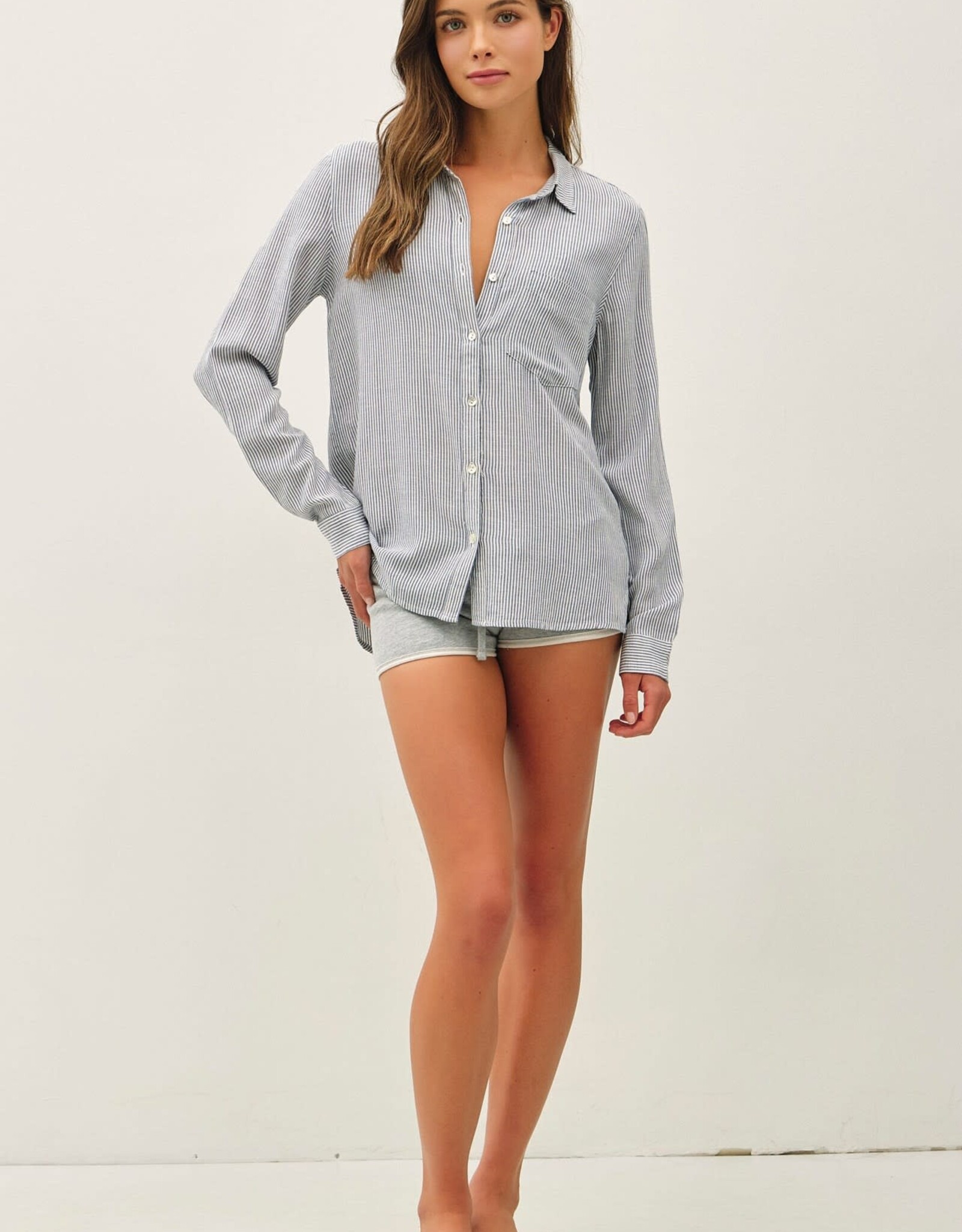 Miss Bliss BC Classic Linen Blended Stripe Boxy Shirt-Denim