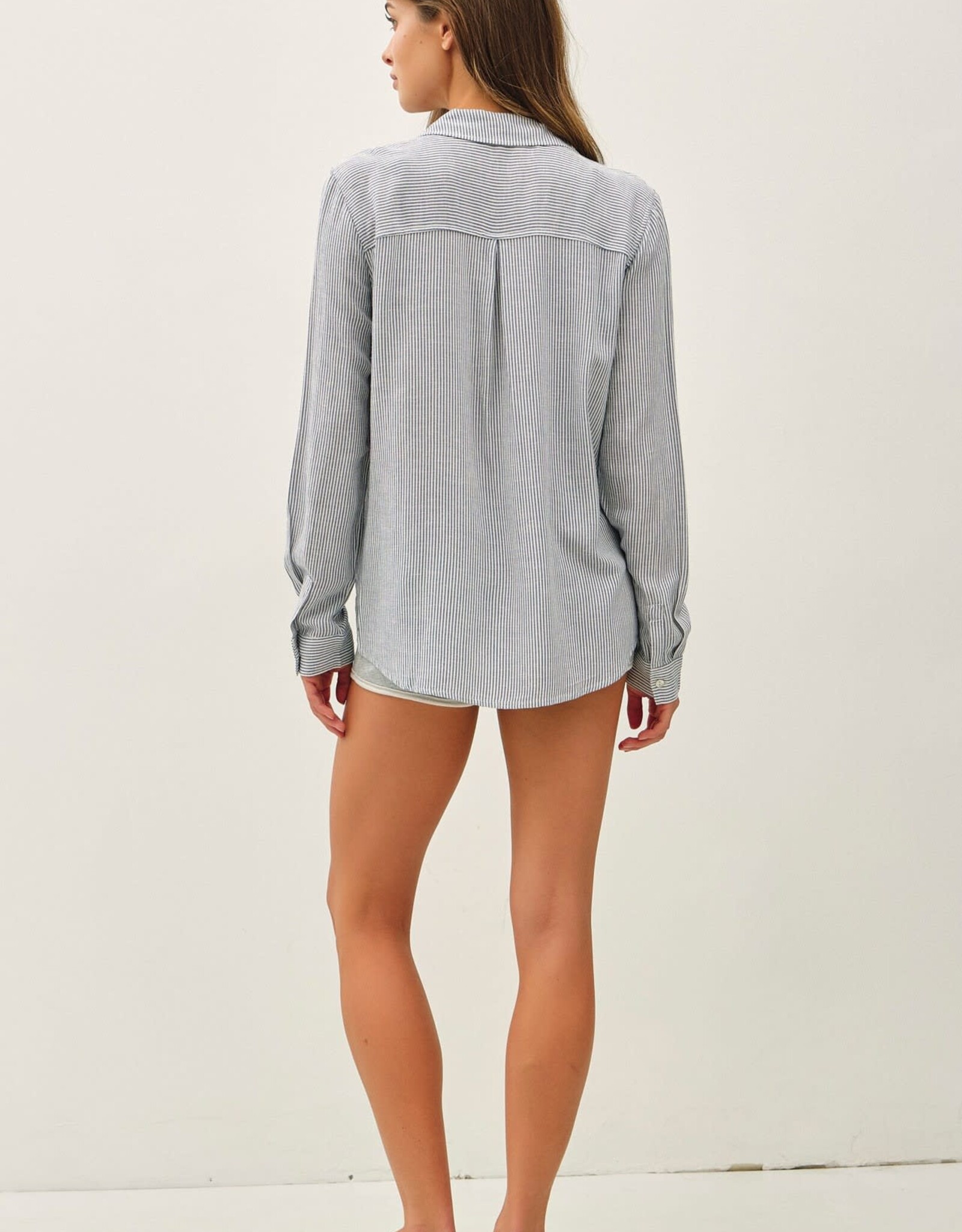 Miss Bliss BC Classic Linen Blended Stripe Boxy Shirt-Denim