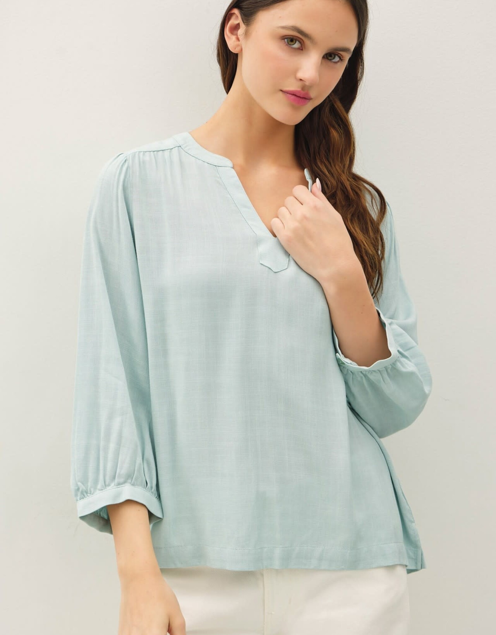Miss Bliss BC Notched Y-Neck Volume Sleeve Top-Seafoam