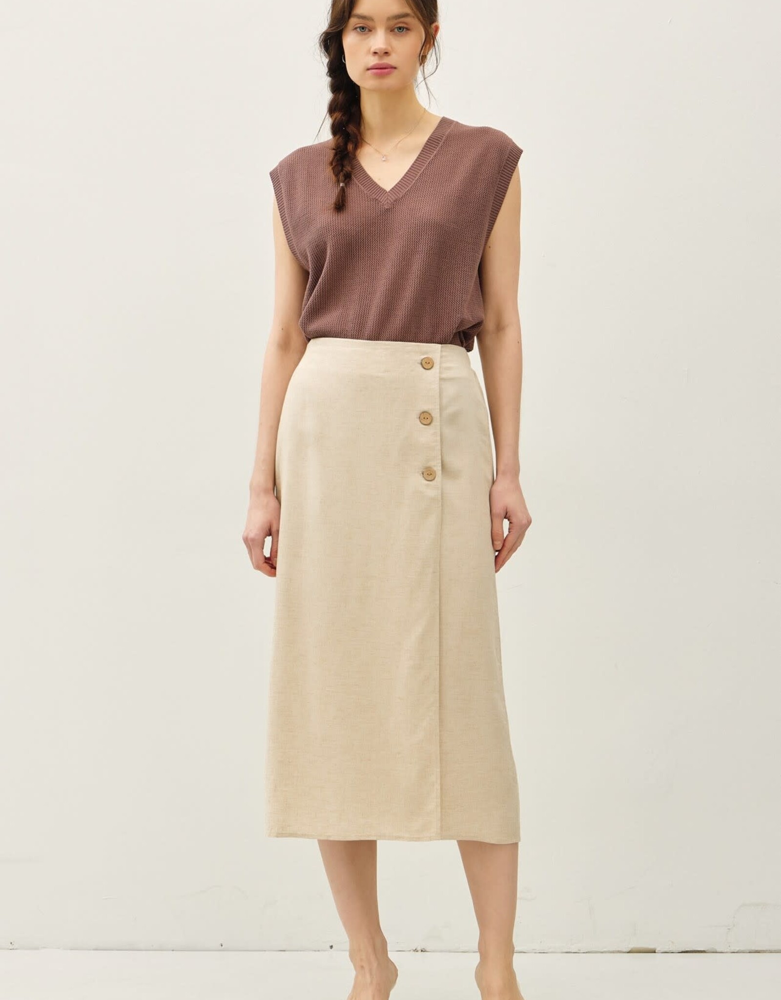 Miss Bliss BC Linen Blend Midi Wrap Skirt-Natural