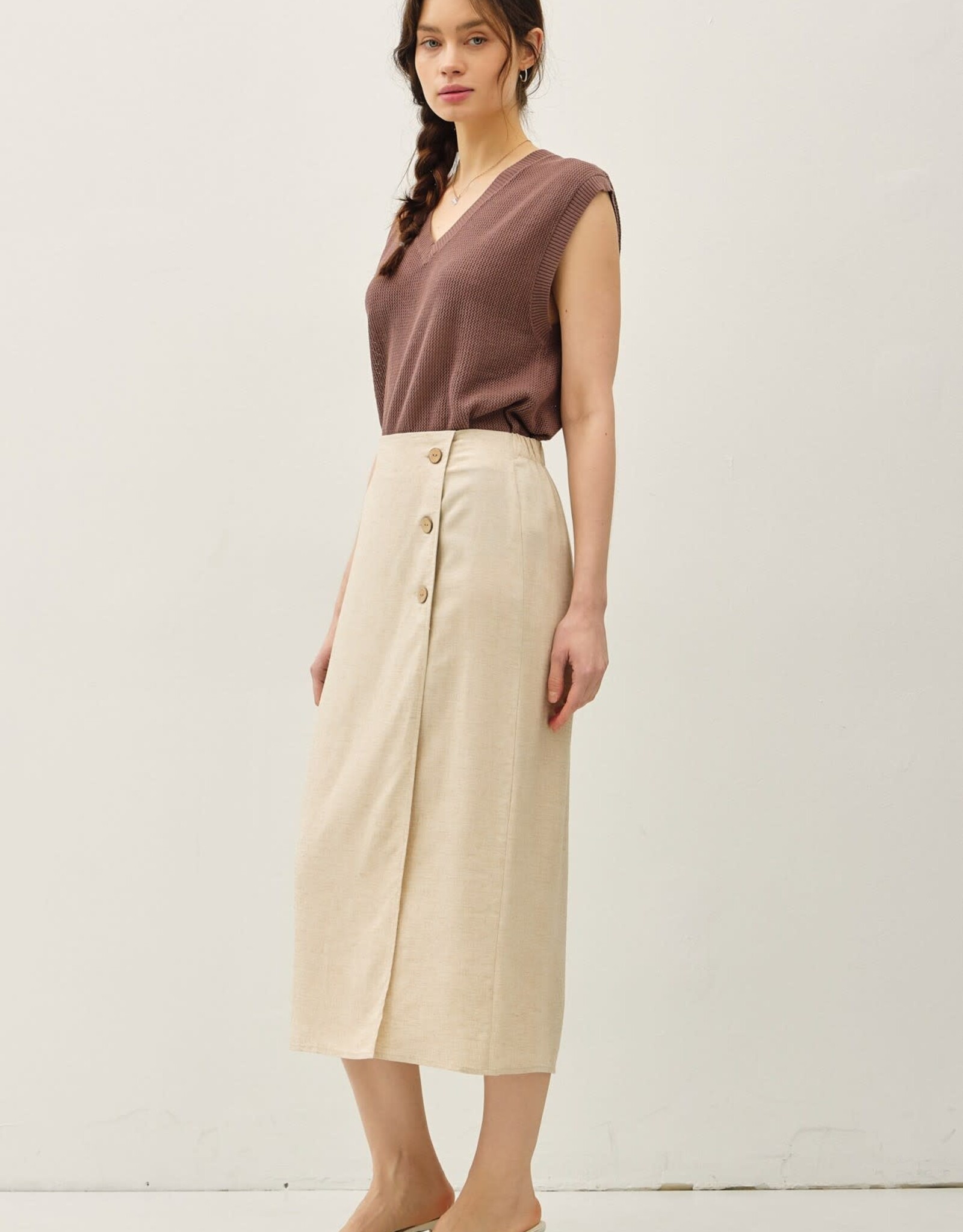 Miss Bliss BC Linen Blend Midi Wrap Skirt-Natural