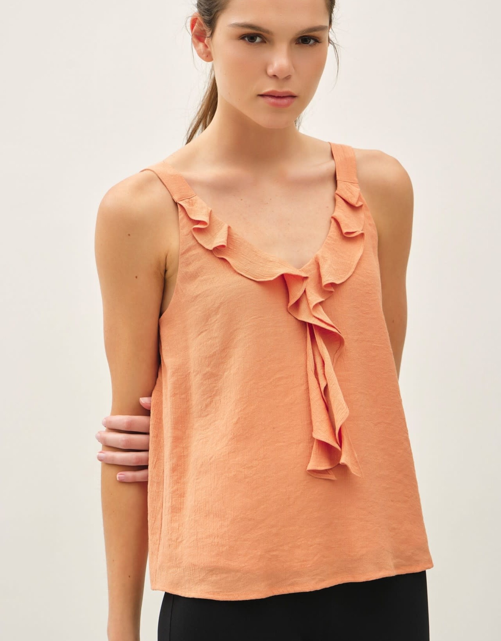 Miss Bliss BC Crinkled Chiffon Ruffle Tank Top-Apricot