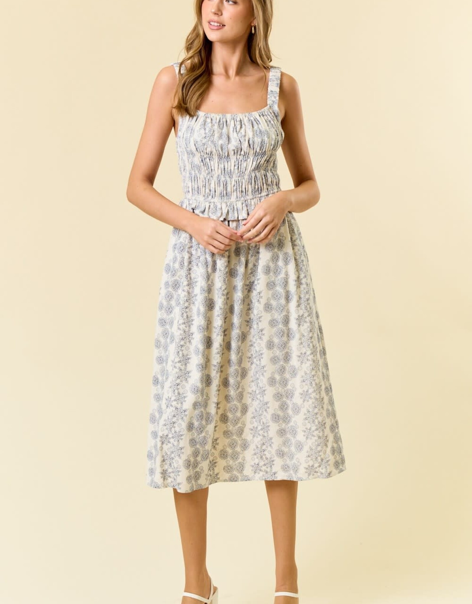 Miss Bliss D&R Linen Blend Sqr Neck Floral Midi Dress-Iv/Navy