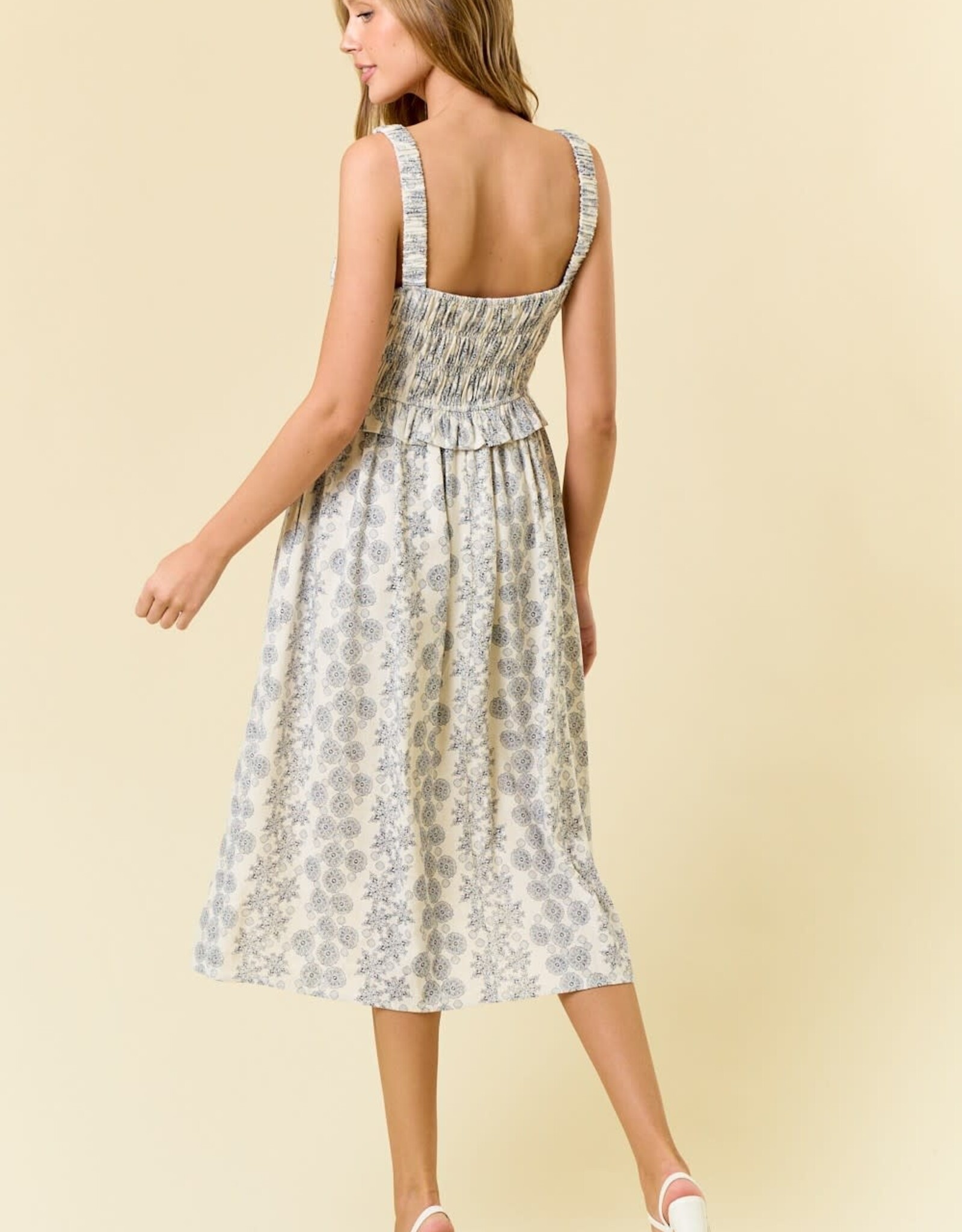 Miss Bliss D&R Linen Blend Sqr Neck Floral Midi Dress-Iv/Navy