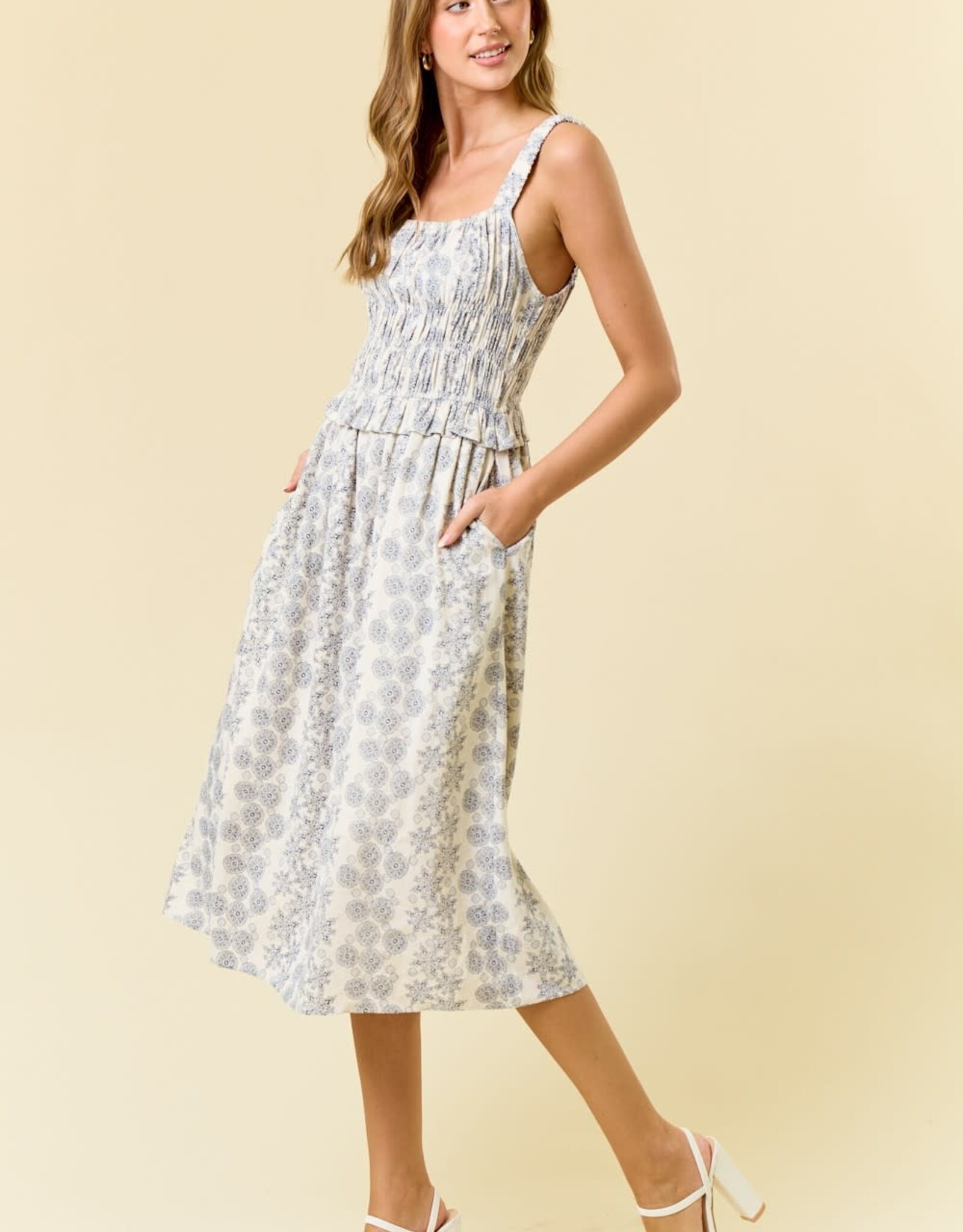 Miss Bliss D&R Linen Blend Sqr Neck Floral Midi Dress-Iv/Navy