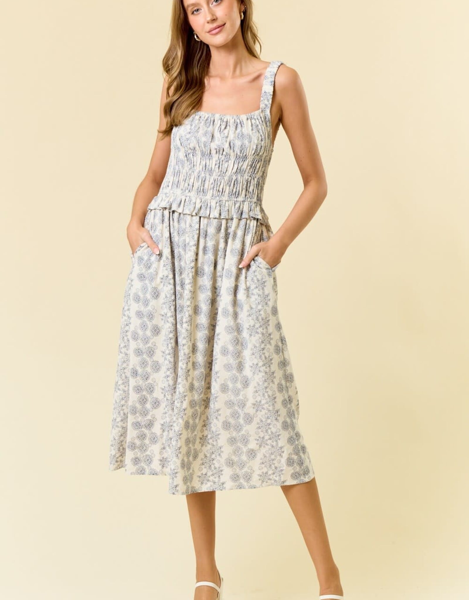 Miss Bliss D&R Linen Blend Sqr Neck Floral Midi Dress-Iv/Navy