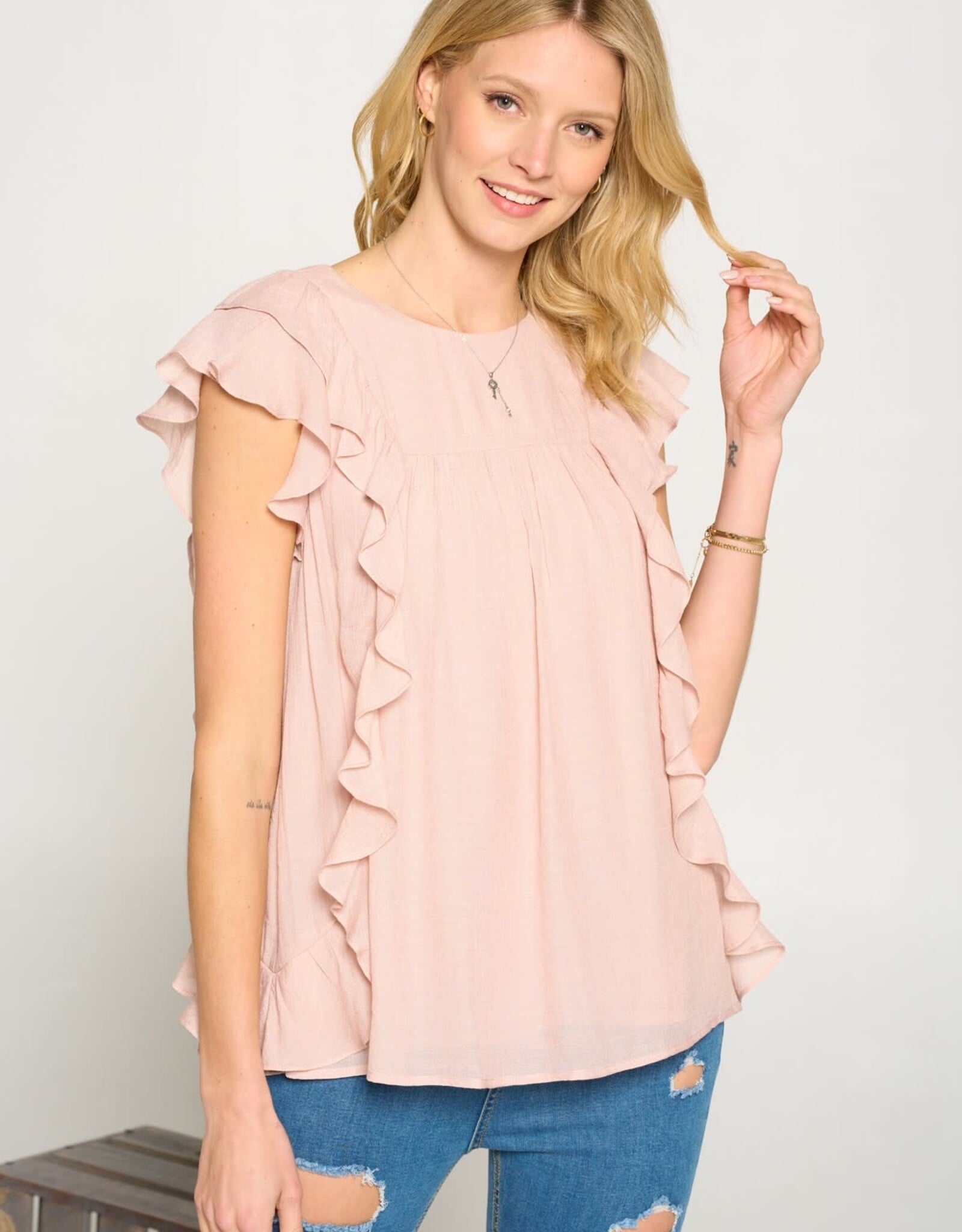 Miss Bliss D&R Ss All Over Ruffled Flared  Blouse-Shell Pink