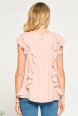 Miss Bliss D&R Ss All Over Ruffled Flared  Blouse-Shell Pink