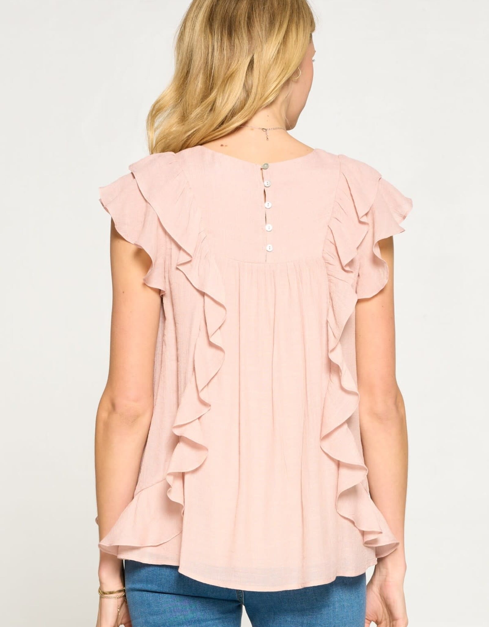 Miss Bliss D&R Ss All Over Ruffled Flared  Blouse-Shell Pink