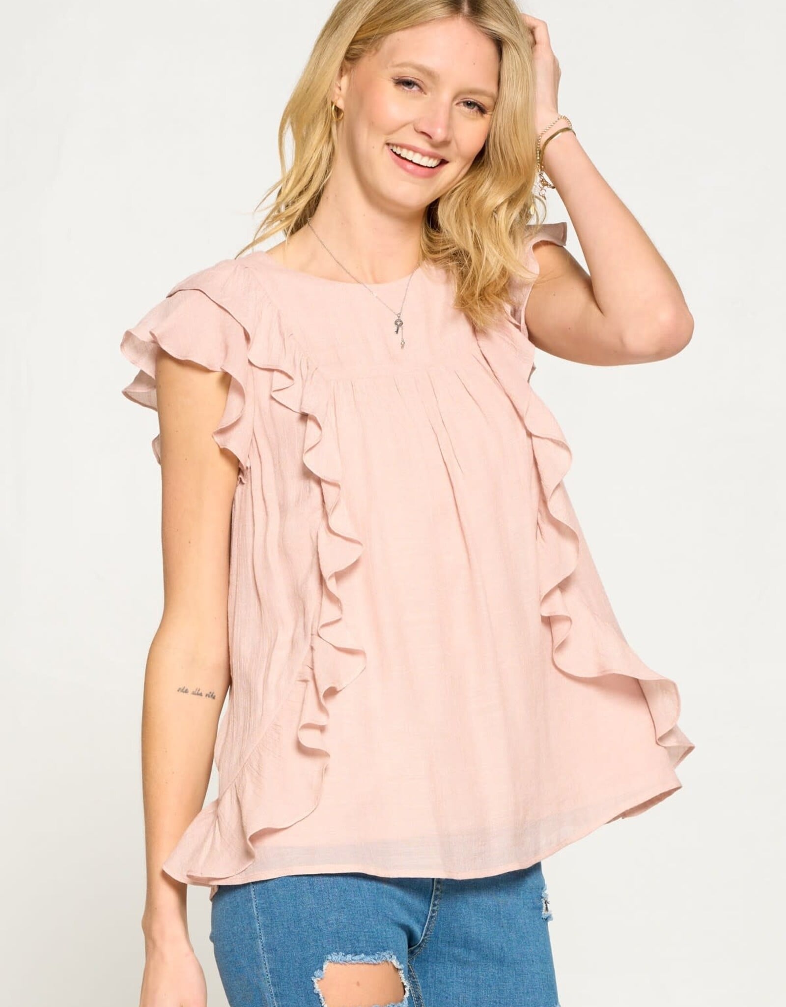 Miss Bliss D&R Ss All Over Ruffled Flared  Blouse-Shell Pink